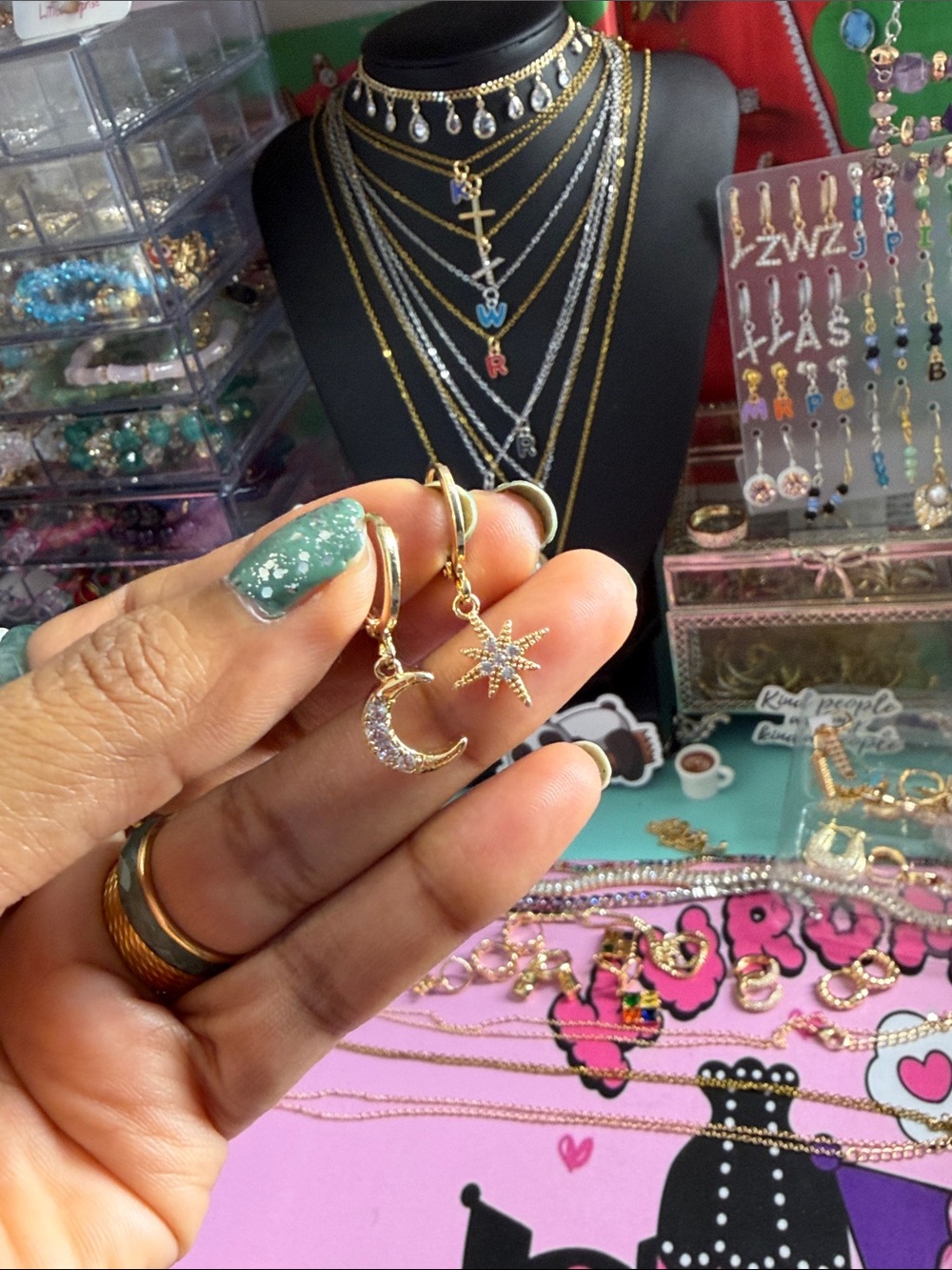 Gold Moon and Star CZ Drop Earrings - Gold